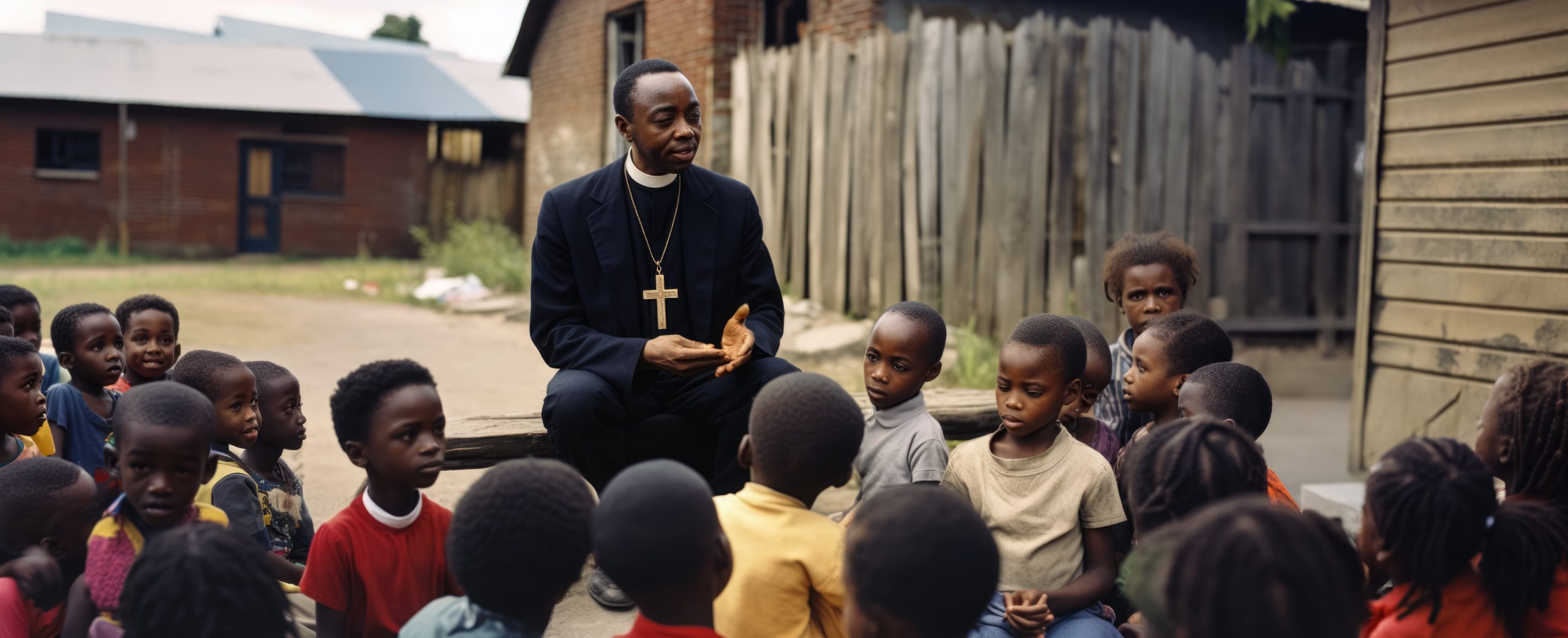 Black African pastor or priest preaching in village outside to group of poor looking children