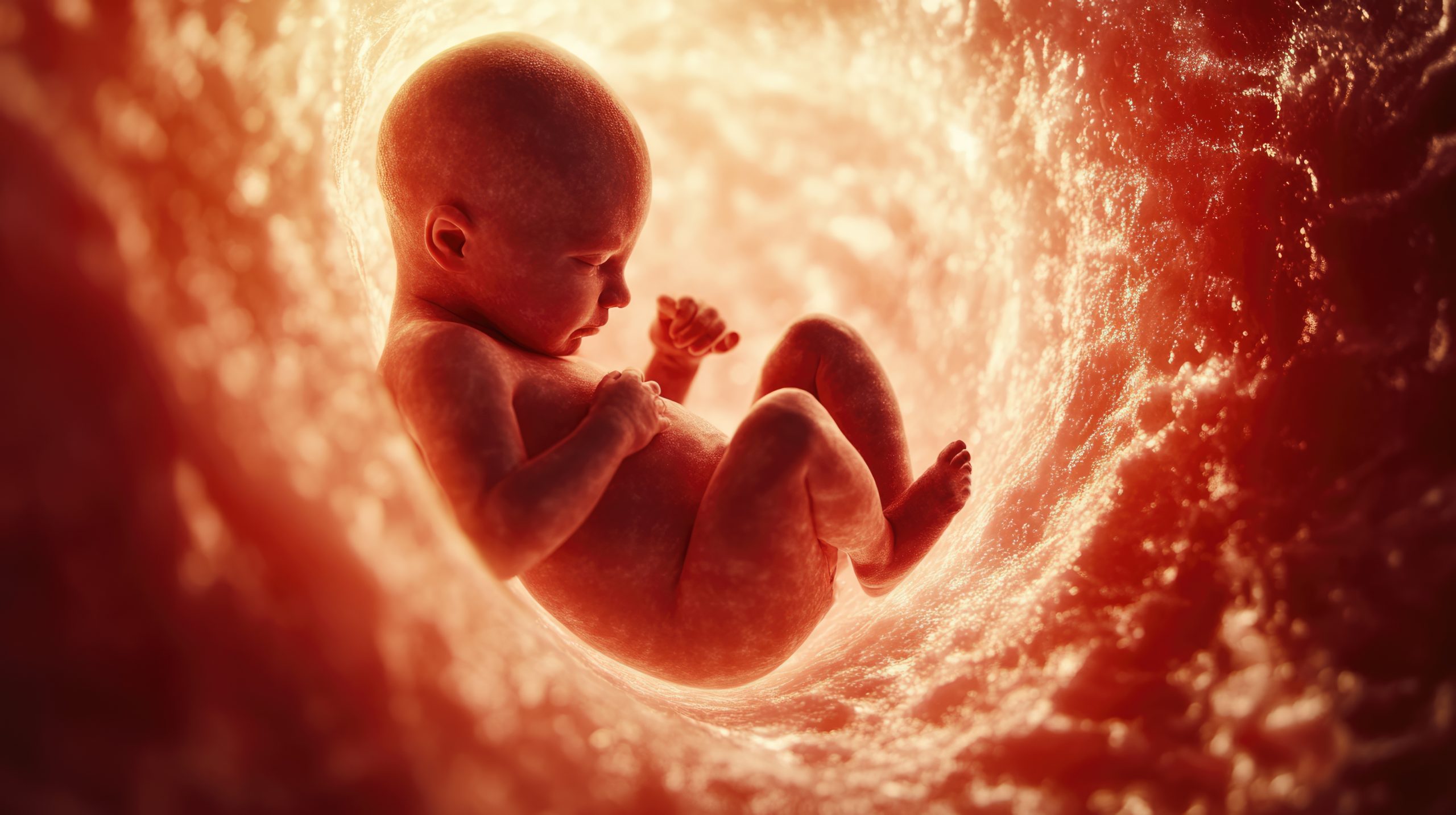 Little human baby inside mother womb. Small embryo inside uterus. Cute unborn child sleep belly. Origin beginning of life concept. Woman pregnancy Tiny innocent infant grow