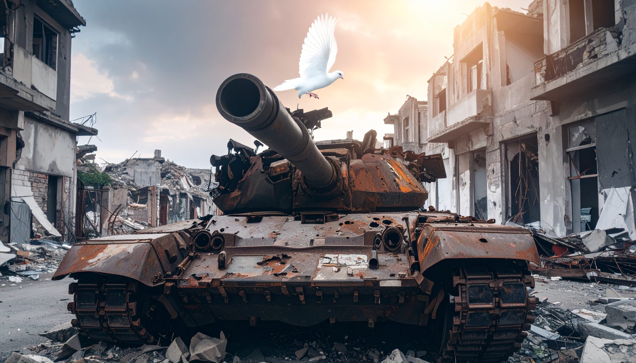 Tanque corroído y lleno de agujeros de metralla, abandonado en medio de una ciudad en ruinas. Encima del cañón del tanque, una paloma blanca posada con serenidad, simbolizando paz